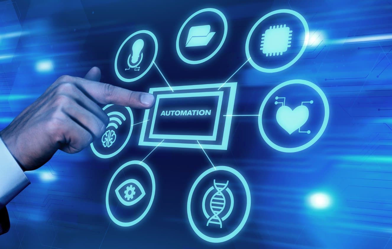 A hand touching an 'automation' diagram of connected icons